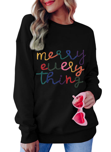 Women's Cozy Black Merry Everything Tinsel Sweatshirt - Casual Holiday Graphic Top for Festive Comfort