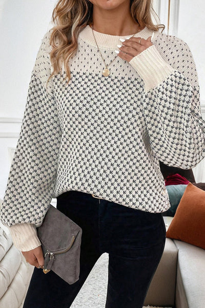 Stylish Women's Black Lantern Sleeve Sweater with Contrast Pattern - Cozy Fall Essential for Trendy Looks