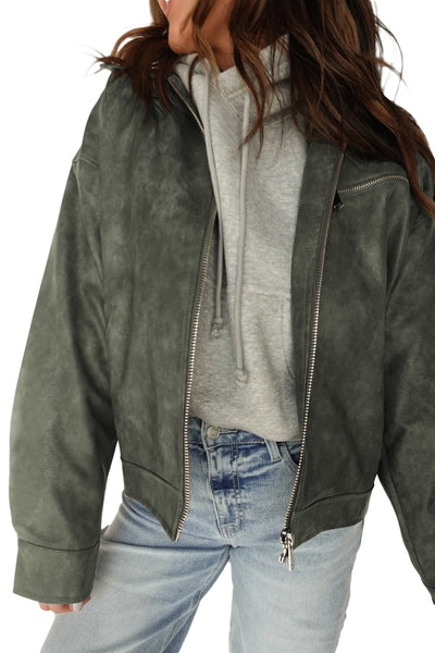 Chic Women's Vintage Green Faux Leather Jacket with Zip-Up Front and Buttoned Pleated Cuffs for Effortless Style