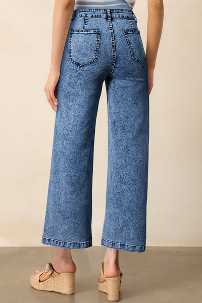 Women's Sky Blue High-Rise Patch Pocket Straight Leg Jeans