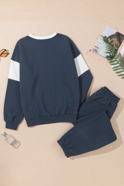 Navy Blue Women's Cozy Drop Shoulder Sweatshirt & Joggers Set for Effortless Style and Everyday Comfort