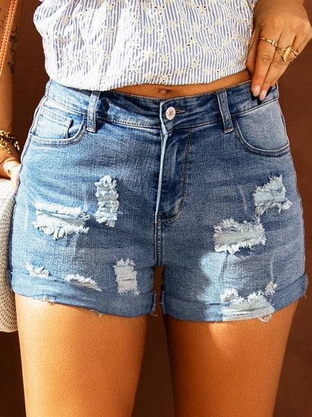 Lace-Up Denim Shorts, Distressed, American Flag