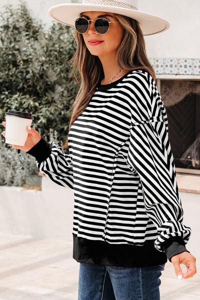 Chic Women's Black Stripe Drop Shoulder Pullover Top with Exposed Seams for Effortless Casual Style