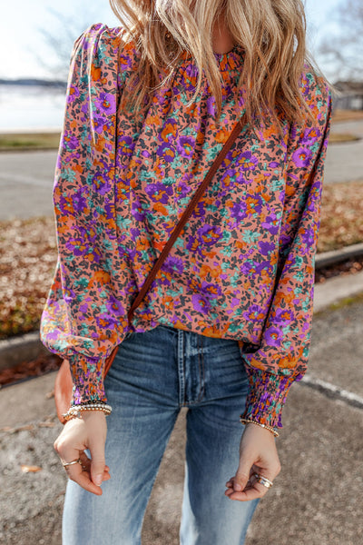 Elegant Women's Purple Floral Blouse with Frilled Neckline & Shirred Cuffs - Perfect for Casual or Formal Occasions