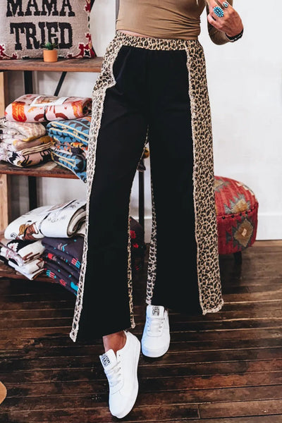 Trendy Women's Black Leopard Patchwork Wide Leg Jeans with Frayed Hem - Effortlessly Chic Casual Fashion