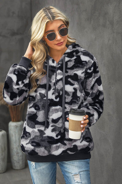 Women's Gray Camouflage Sherpa 1/4 Zip Fleece Hoodie