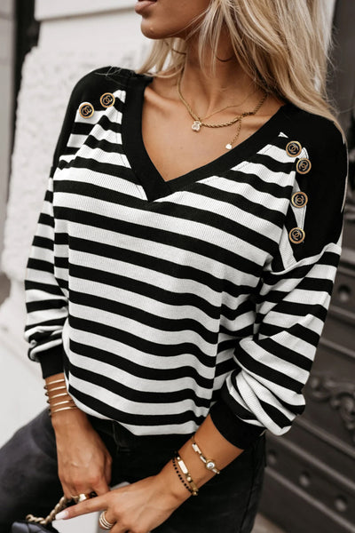 Women's Black and White Stripe Crochet V-Neck Top with Hollow-Out Back and Buttoned Shoulders for a Stylish Look