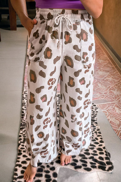 Women's Leopard Print Wide-Leg Drawstring Pants with Pockets