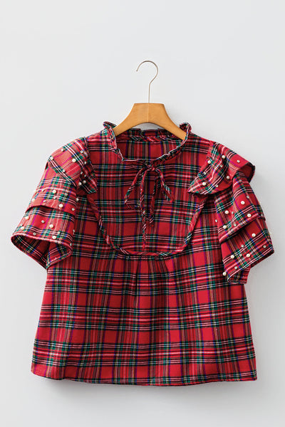 women's pearl-embellished red plaid ruffle sleeve blouse made for easy styling and wardrobe coordination, with premium-like structure and finish. with