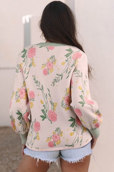 Women's Floral V-Neck Viscose Blend Knit Sweater in Soft Pink