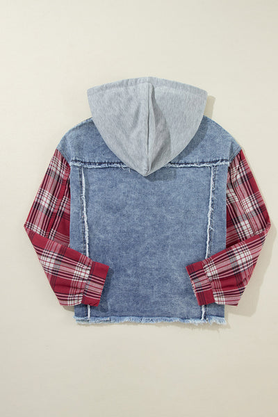 Women's Casual Beau Blue Plaid Denim Jacket with Hood and Raw Hem - Trendy Patchwork Style for Everyday Wear
