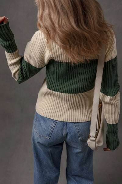 Women's Blackish Green Color Block Ribbed Knit Sweater with Shirt Collar - Slim Fit Stylish Top