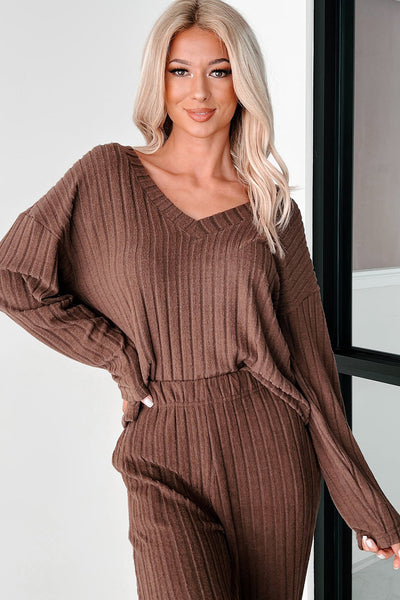 Women's Stylish Coffee Wide Rib Knit V-Neck Pullover and Loose Fit Pants Set - Cozy Loungewear for Relaxation