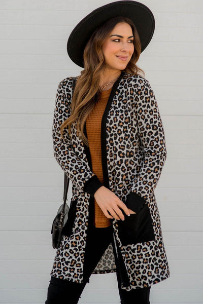 Cozy Women's Black Leopard Print Cardigan with Pockets - Chic Open Front Layering Piece for Effortless Style