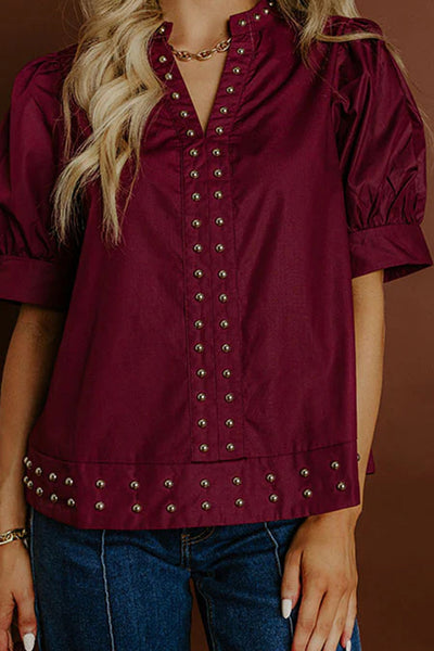 burgundy puff sleeve blouse for women chic v-neck top with rivet details for effortless style and comfort with practical styling and dependable