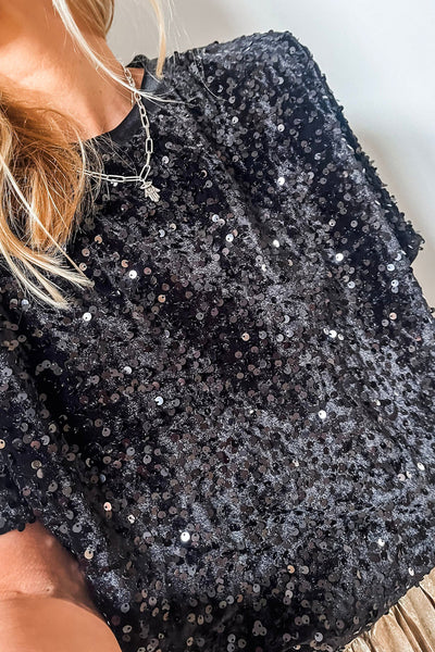 Women's Sparkly Black Sequin Crew Neck T-Shirt - Comfortable Holiday Party Top for Festive Celebrations and Events