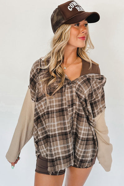Trendy Women's Khaki Plaid Hooded Shacket with Frayed Edges - Stylish Layering Essential for Effortless Casual Looks