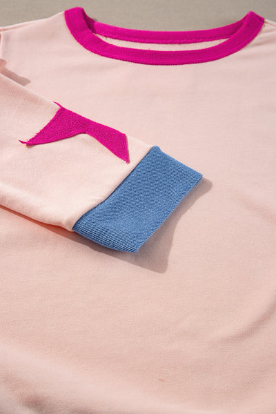 Trendy Light Pink Oversized Sweatshirt for Women with Star Patchwork & Exposed Seams Cozy Everyday Essential