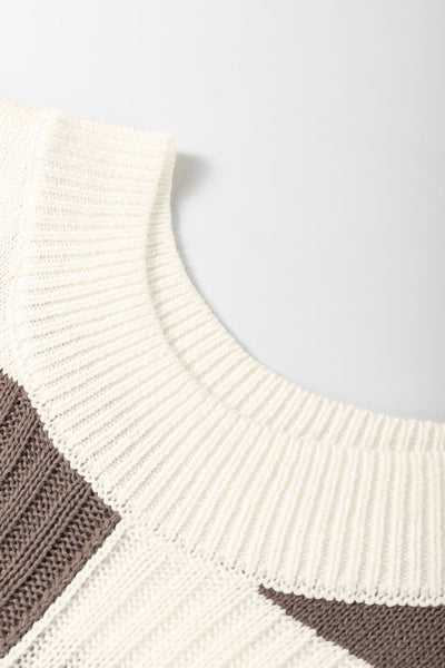Casual Chic Women's Khaki Checkered Color Block Sweater - Short Sleeve Crew Neck for Effortless Style