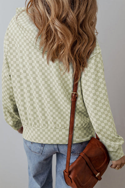 Women's Green Checkered Hoodie with Kangaroo Pocket and Drawstring - Casual, Comfortable Fit for Everyday Wear