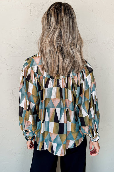 Stylish Women's Green Geometric Print Balloon Sleeve Shirt - Casual Loose Fit Top for Effortless Comfort