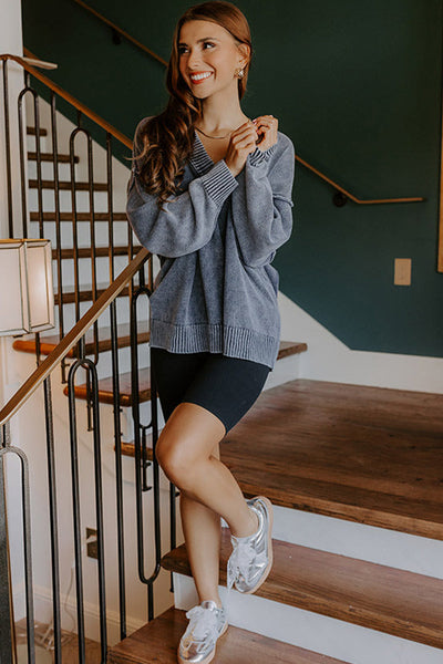Women's Relaxed Fit Navy Blue V-Neck Knit Sweater with Drop Shoulders and Exposed Seams - Mineral Wash Style