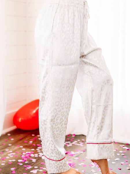 Leopard Print Satin Pajama Set with White Long Sleeve Top and Pants