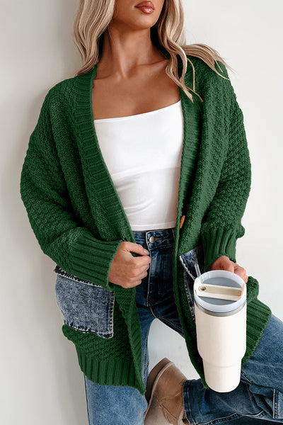 Trendy Women's Blackish Green Open Front Knitted Cardigan with Pockets - Chic Patchwork Design for Effortless Style
