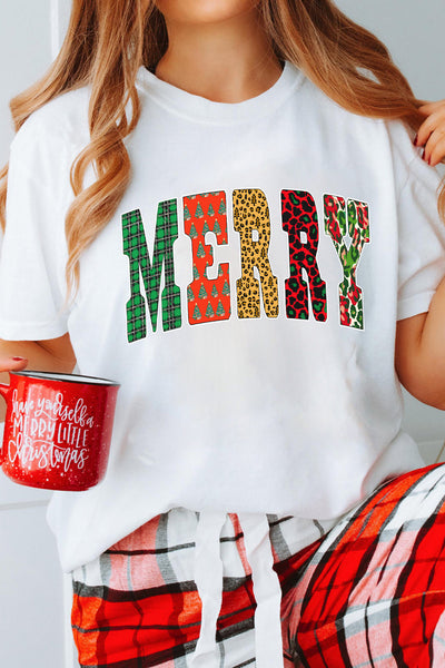 Women's MERRY Mixed-Pattern Graphic Christmas Tee for Women