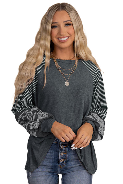 Women's Medium Grey Striped Raglan Long Sleeve Top with Contrast Print - Casual Loose Fit for Everyday Style