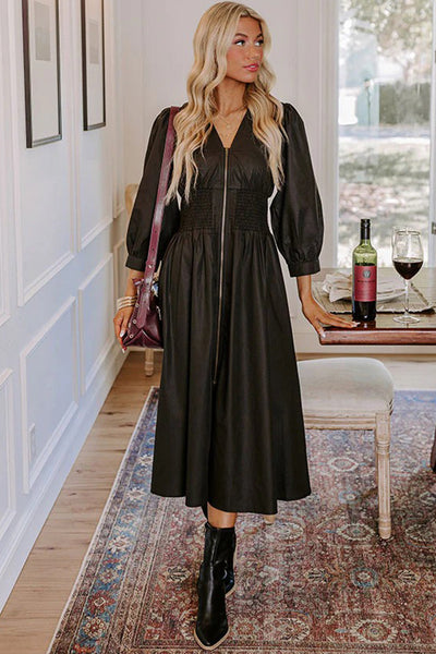 Chic Women's Black Fit and Flare Midi Dress with Smocked Waist and Zipped Front, Perfect for Any Occasion
