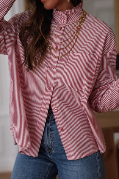 Women's Casual Pink Striped Button-Down Shirt with Frill Collar and Chest Pocket - Relaxed Fit for Effortless Style