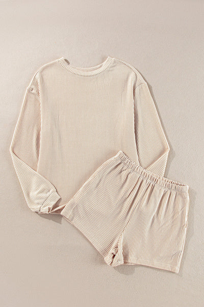 Chic Women's Parchment Corded Knit Long Sleeve Top & High-Waisted Shorts Set - Cozy Loungewear for Effortless Style