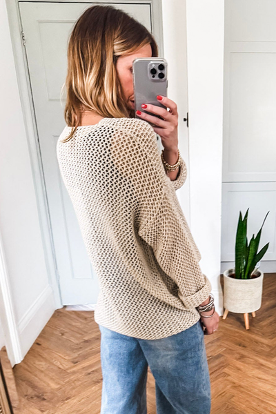 Women's Apricot Open-Knit Mesh Sweater with Long Sleeves