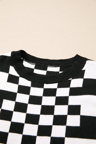 Cozy Women's Black Checkered Drop Shoulder Sweater with Round Neck Chic Knit for Effortless Everyday Style