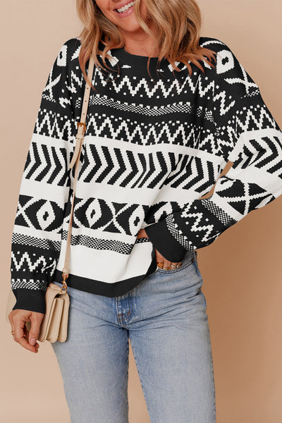 Cozy Women's Black Abstract Print Pullover Sweater for Year-Round Style and Comfort