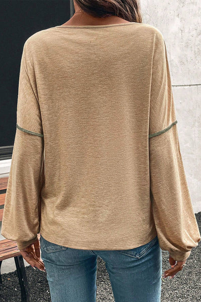 Women's Jungle Green Colorblock V-Neck Long Sleeve Top - Trendy Casual Fit with Exposed Stitching for Effortless Style