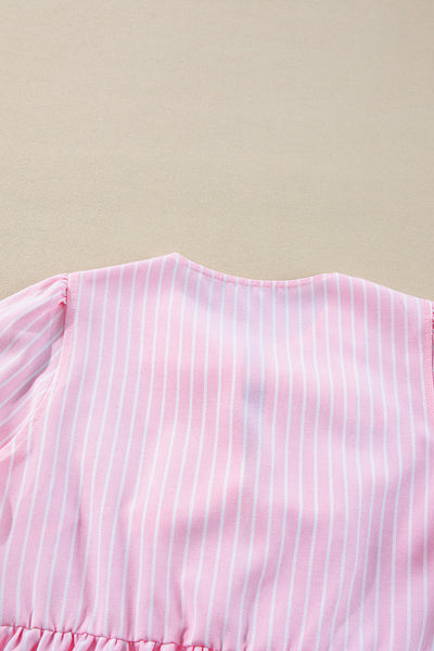 Trendy Women's Pink Striped Puff Sleeve Blouse with Bowknot Detail - Chic Crew Neck Top for Stylish Casual Looks