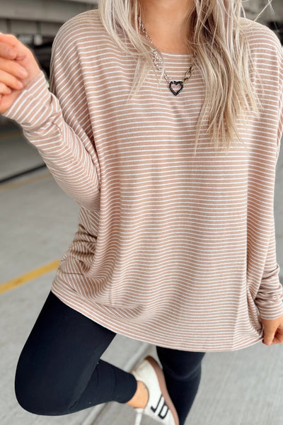 Women's Casual Khaki Stripe Dolman Long Sleeve Top - Effortless Round Neck Style for Comfortable Everyday Wear