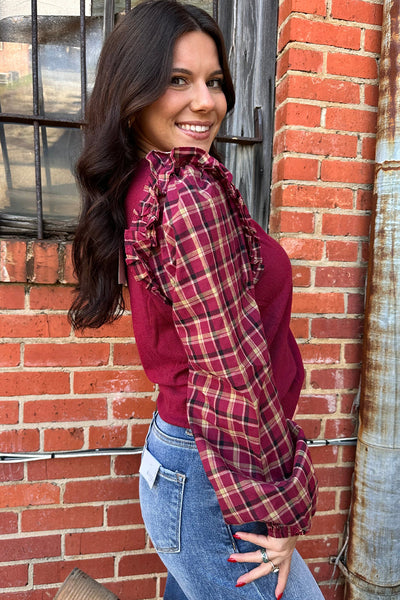 Stylish Women's Red Plaid Ruffled Puff Sleeve Sweater - Cozy Crew Neck Knit for Trendy Fall Outfits