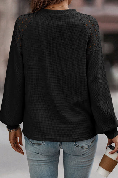 Elegant Women's Black Lace Long Sleeve Pullover - Textured Knit Top with Stylish Detailing & Cozy Comfort