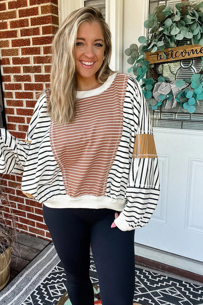 Trendy Women's Oversized Pink Striped Color Block Long Sleeve Top with Exposed Seams for Casual Chic Looks