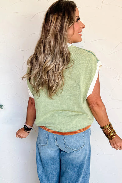 Women's Grass Green Colorblock Sweater Top with Contrast Trim - Loose Fit, Short Sleeve, Stylish Patchwork Design
