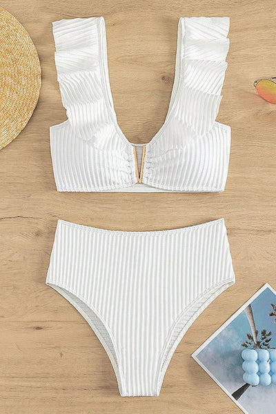 Sophisticated White Textured Ruffle Sleeve High Waist Bikini Set