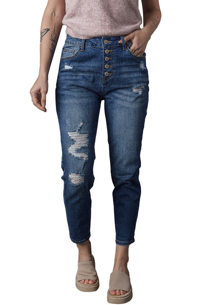 Retro Rolled Hem Single-Breasted Closure Straight Loose Casual Jeans