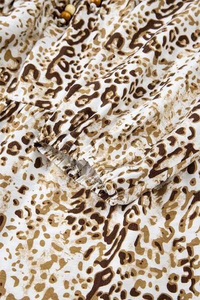 Chic Women's Khaki Leopard Print Long Sleeve Blouse with Beaded V-Neck Tie - Perfect for Casual or Dressy Occasions