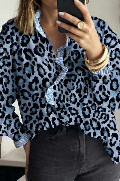Women's Blue Leopard Print Blouse with Striped Ruffle Trim