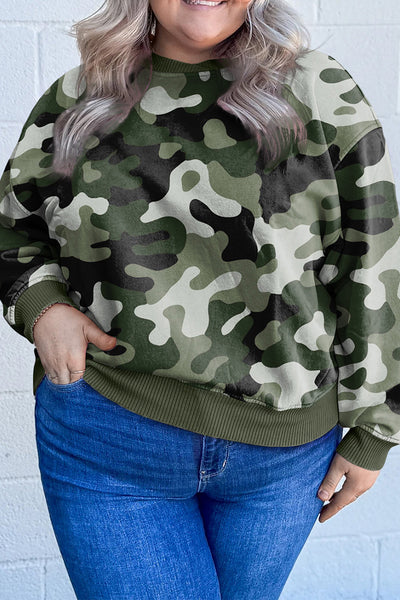 Plus Size Women's Green Camo Sweatshirt with Ribbed Trim Stylish Comfort for Casual Outfits