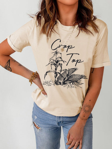 Corn Plant Graphic Khaki Crop Top Tee