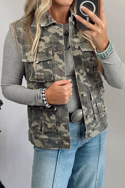 Women's Casual Green Camouflage Denim Vest with Button Closure and Functional Cargo Pockets for a Trendy Look made for easy styling and wardrobe